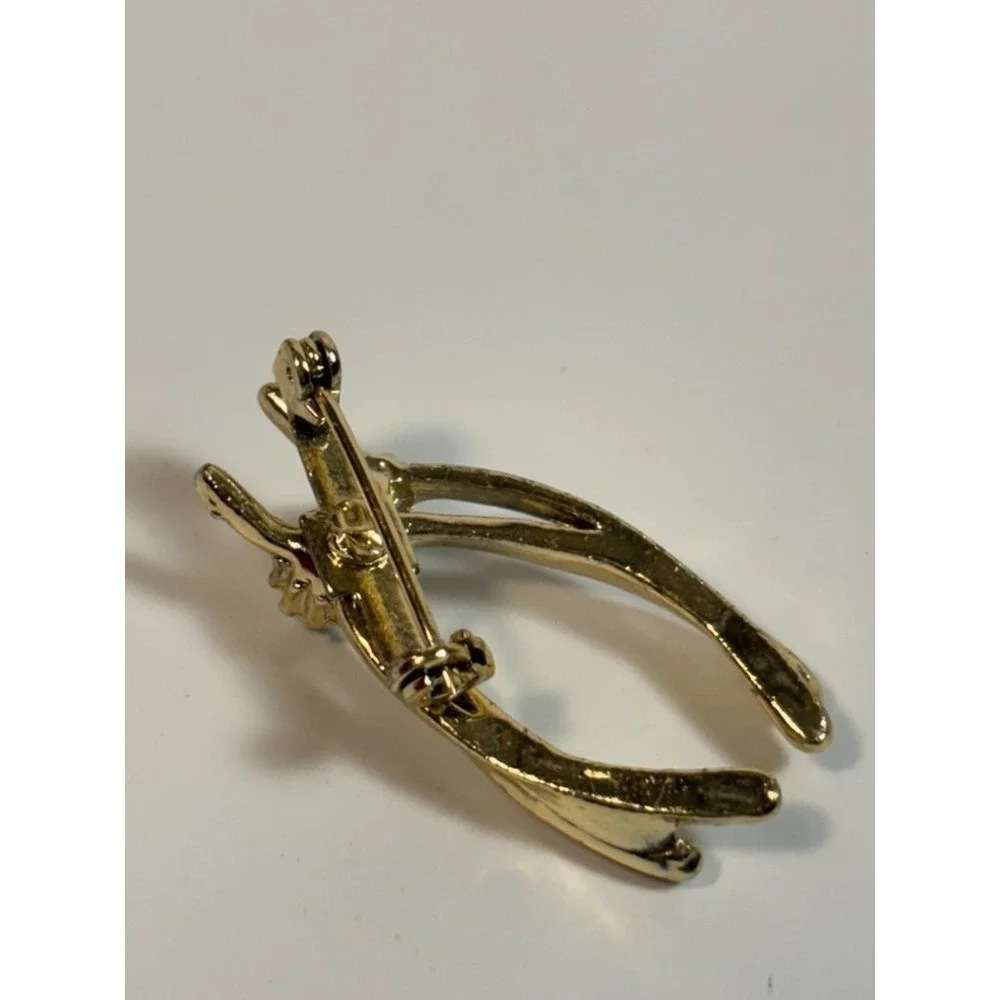 Vintage Brooch Lucky Wish Bone Faux Pearl‎ Green Rhinestone